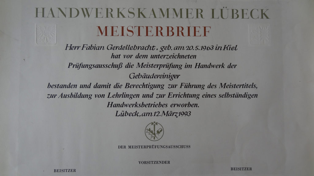 Fabian Gerdellebracht Meisterbrief