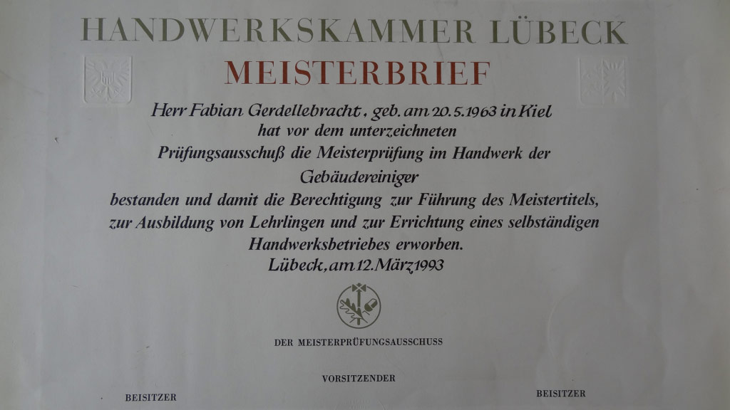 Fabian Gerdellebracht Meisterbrief